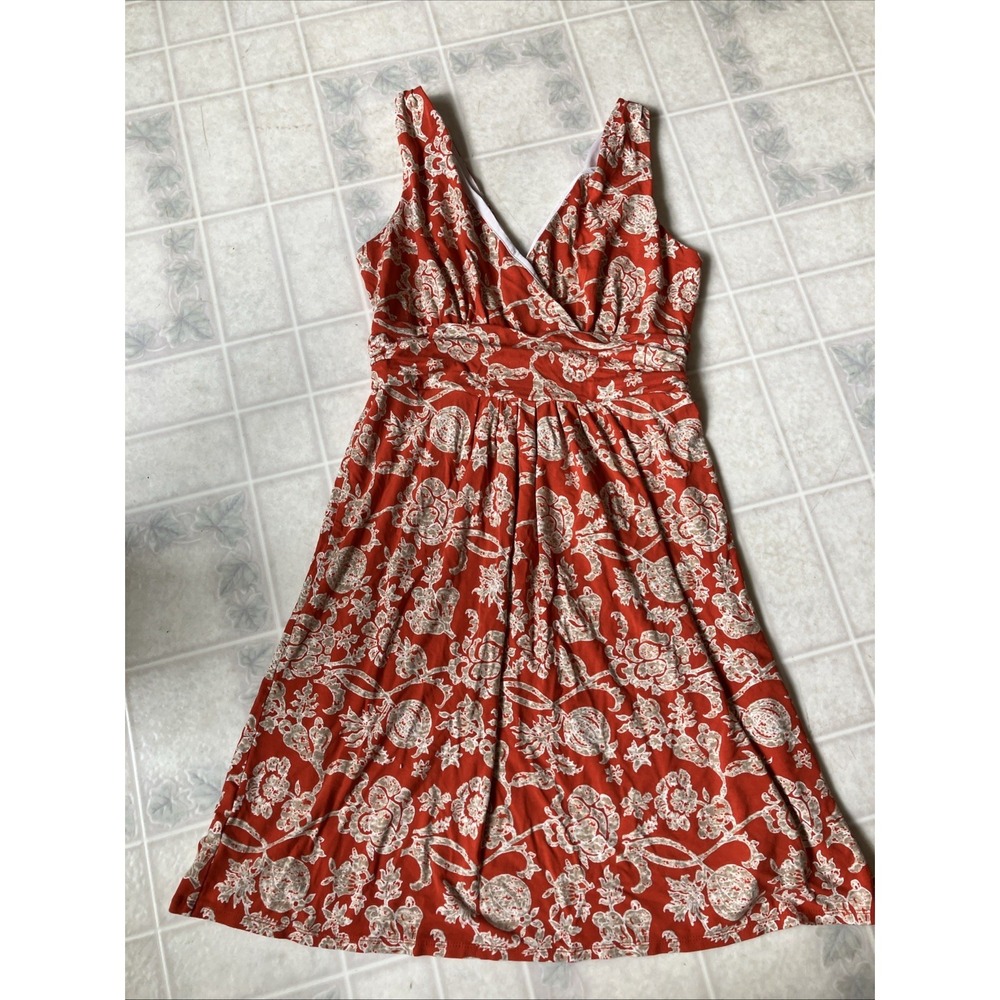 Tan Orange Floral Faux Wrap Top Jersey Knit A-Line Boho Festival Casual Large